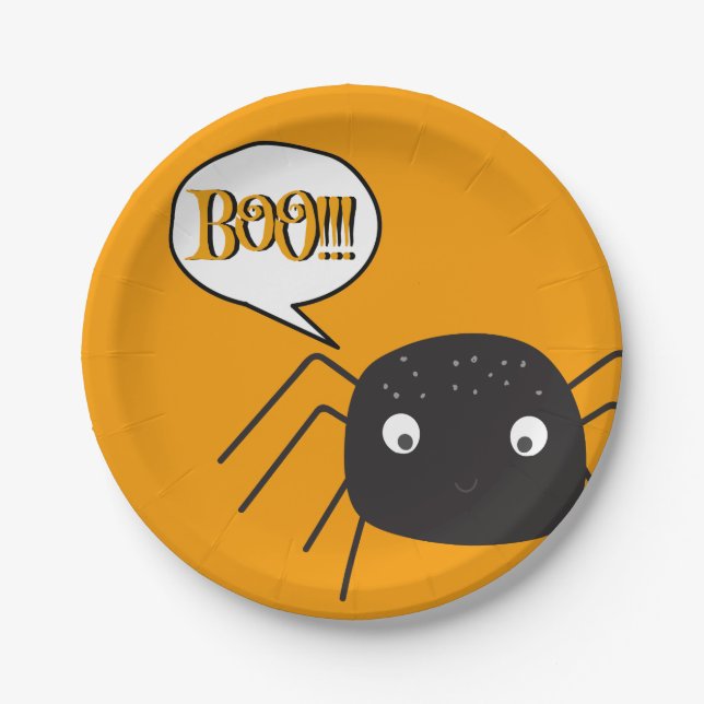 Plato De Papel ¡Boo!, naranja de calabaza de araña adorable (Anverso)