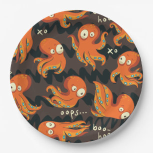 Plato De Papel Boo Octopus Naranja y niños negros vestidos y deco