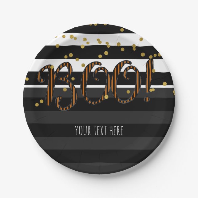 Plato De Papel ¡Boo! Partido Halloween de Oro Blanco Negro y Nara (Anverso)