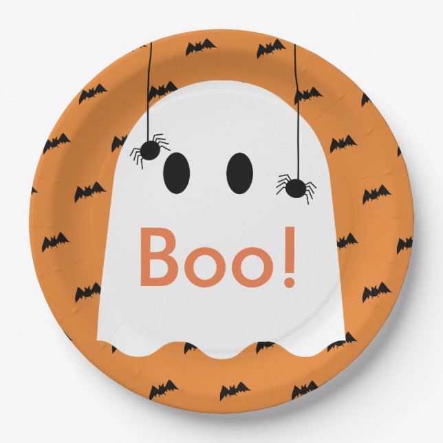 Plato De Papel ¡Boo! Placa de papel Naranja Ghost & Bats de Hallo (Anverso)