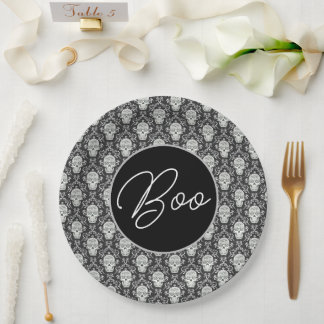 Plato De Papel ¡Boo! Placa de papel para damasco de cráneo gótico