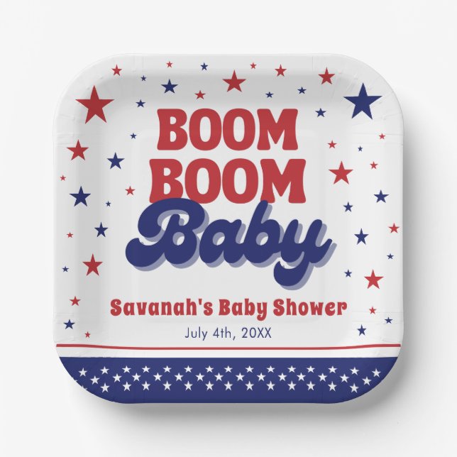 Plato De Papel Boom Boom Baby 4jul Baby Shower Patriótico (Anverso)