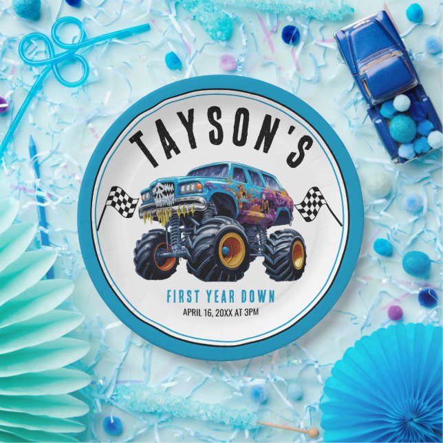 Plato De Papel Boom de camión con zoom Vroom | 1.ᵉʳ Fiesta de cum (Fiesta)