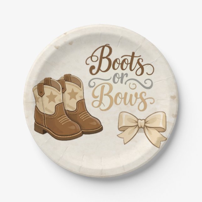 Plato De Papel Boots and Bows Gender Reveal Paper Plate (Anverso)