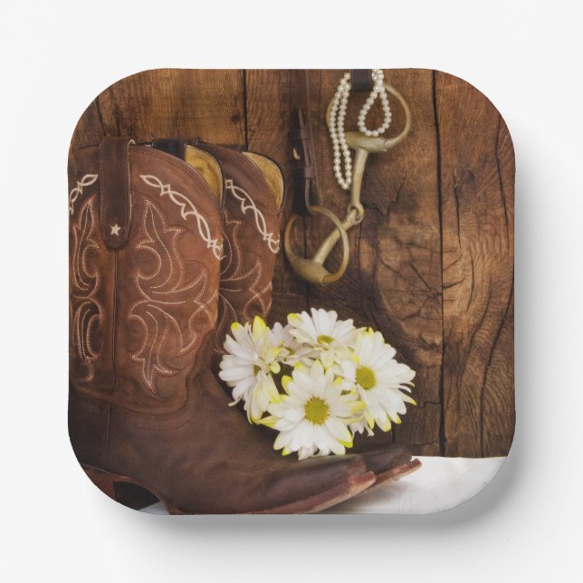 Plato De Papel Boots de Cowboy, Daisies y Boda de Rancho de Bits  (Anverso)