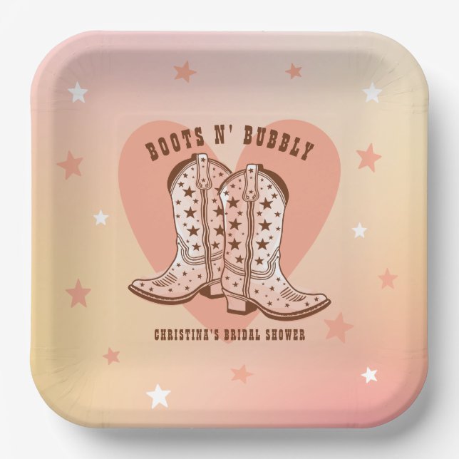 Plato De Papel Boots N' Bubbly Cowboy Boots Heart Bridal Shower (Anverso)