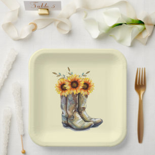 Plato De Papel Boots rústicos de vaquero con girasoles