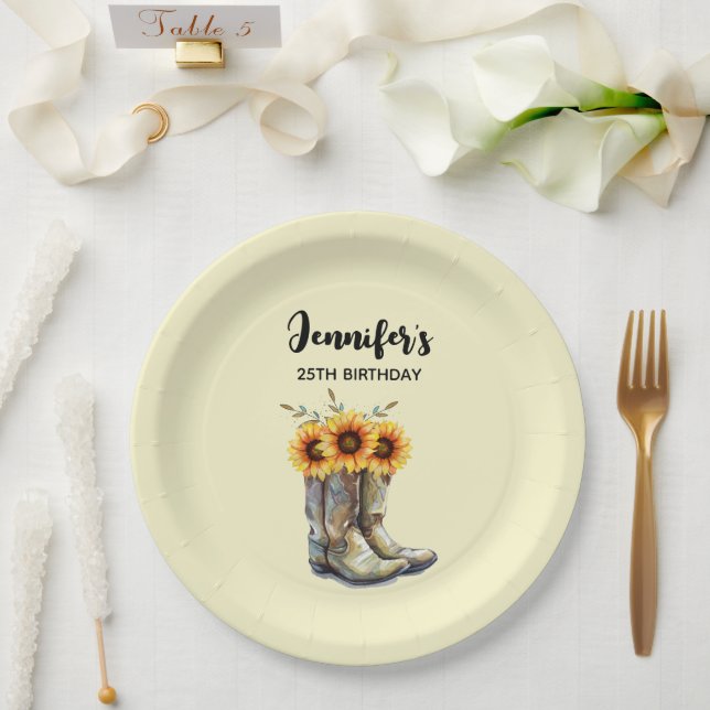 Plato De Papel Boots rústicos de vaquero con girasoles Cumpleaños (Boda)