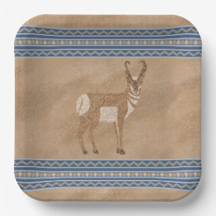 Plato De Papel Borde Azul Antílope en Pie del Sudoeste Pronghorn