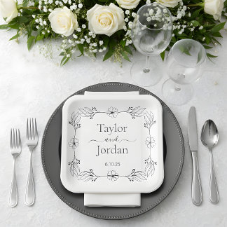 Plato De Papel Borde Botánico Moderno con Nombre Personalizado pa