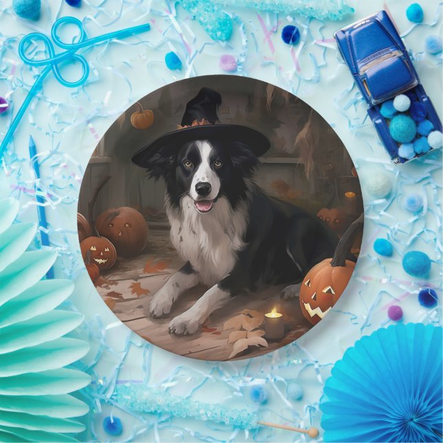 Plato De Papel Borde de Collie Pumpkins Halloween Scary (Fiesta)