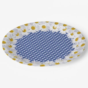 Plato De Papel Borde De Daisy Blanco En Gingham