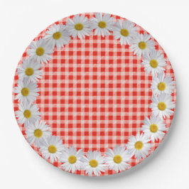 Plato De Papel Borde De Daisy Blanco En Gingham