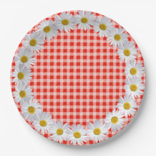 Plato De Papel Borde De Daisy Blanco En Gingham