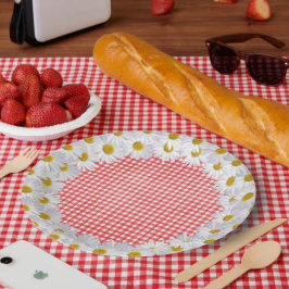 Plato De Papel Borde De Daisy Blanco En Gingham
