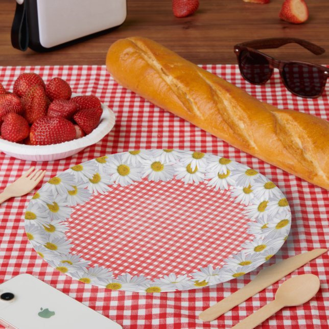 Plato De Papel Borde De Daisy Blanco En Gingham (Picnic)