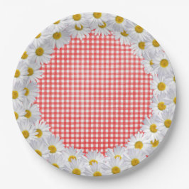 Plato De Papel Borde De Daisy Blanco En Gingham