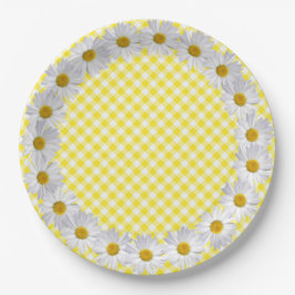 Plato De Papel Borde De Daisy Blanco En Gingham