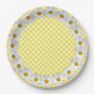 Plato De Papel Borde De Daisy Blanco En Gingham