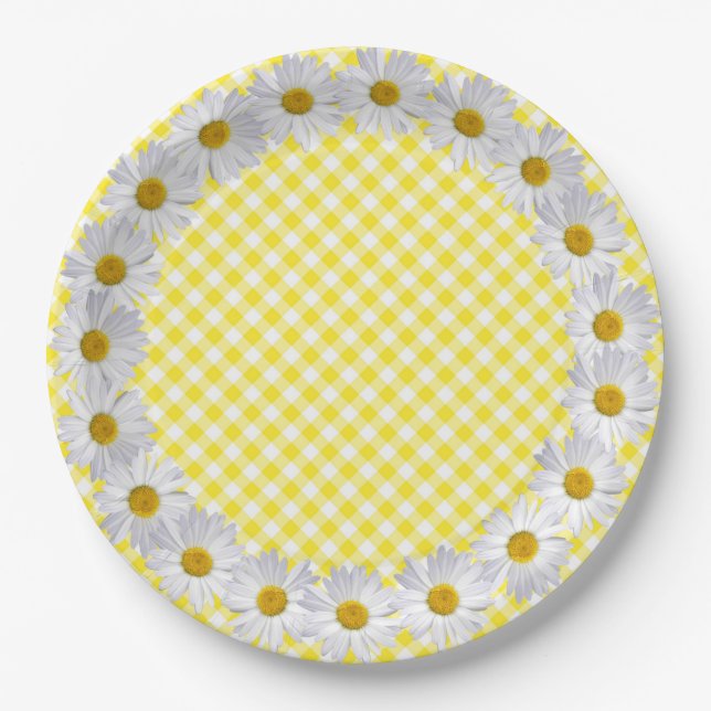 Plato De Papel Borde De Daisy Blanco En Gingham (Anverso)