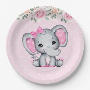 Plato De Papel Borde de elefante pequeño y rosado y Rosa