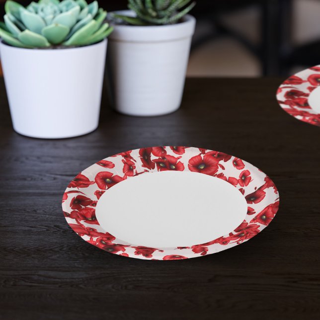 Plato De Papel Borde de flores de amapola roja (Perfect poppy paper plates for your picnics in the park or poppy parties. )