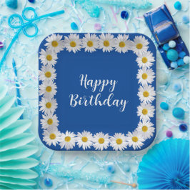 Plato De Papel Borde de margarita blanca de cumpleaños en azul
