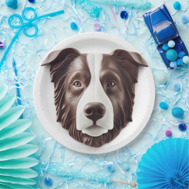 Plato De Papel Borde de Perro Collie 3D inspirado (Fiesta)