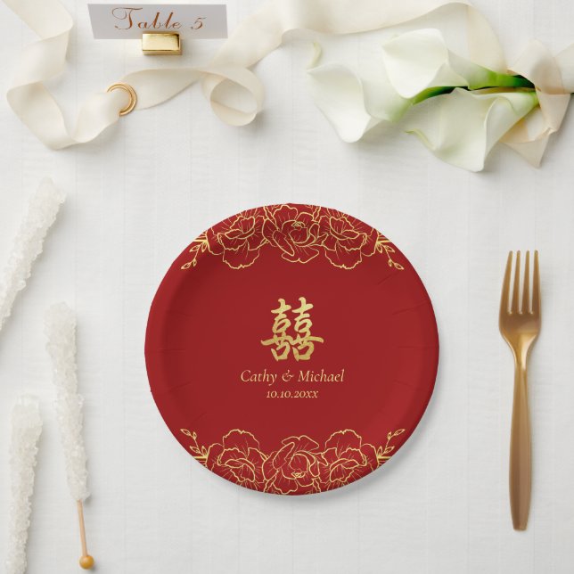 Plato De Papel Borde floral dorado rojo boda chino doble xi (Boda)
