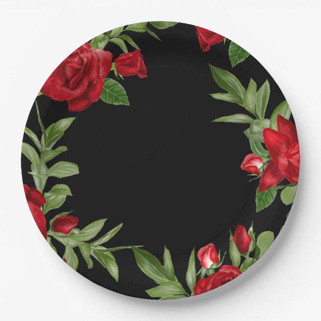 Plato De Papel Borde floral rojo encantador negro (Anverso)
