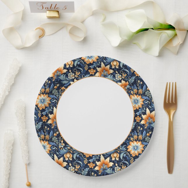 Plato De Papel Borde Paisley floral azul oscuro (Boda)