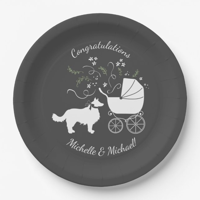 Plato De Papel Borde Perro Collie Baby Shower Gris porcino (Anverso)