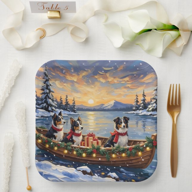 Plato De Papel Border Collie Christmas Boat Holiday (Boda)