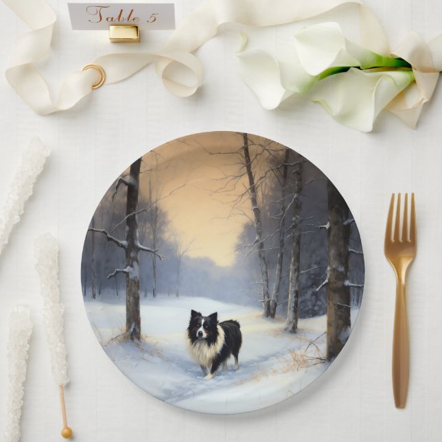 Plato De Papel Border Collie Deja que nieve Navidad (Boda)