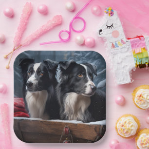 Plato De Papel Border Collie Nevado Trineo Navidad Decoración 