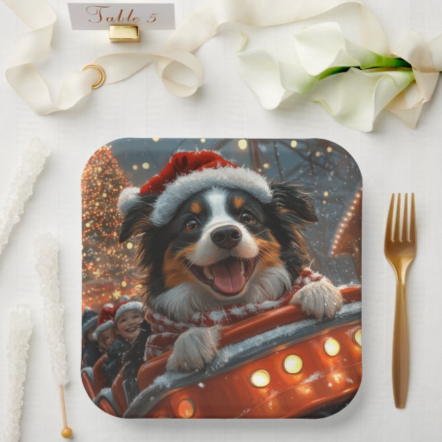 Plato De Papel Border Collie Perro Montaña Rusa Navidad (Boda)