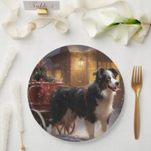 Plato De Papel Border Collie Temporada Navideña Festiva