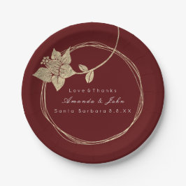 Plato De Papel Borgoña Boda de Maroon Dorado Floral Wreath Bridal