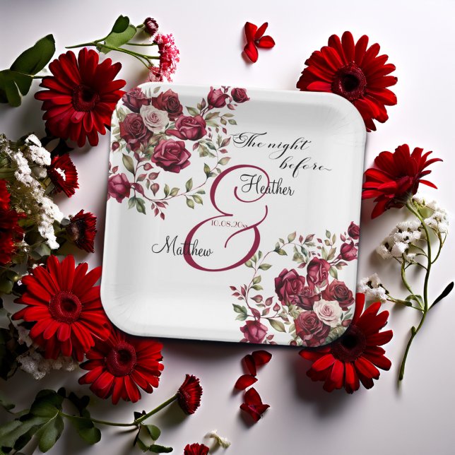 Plato De Papel Borgoña Floral moderna Boda "La noche antes" (Subido por el creador)