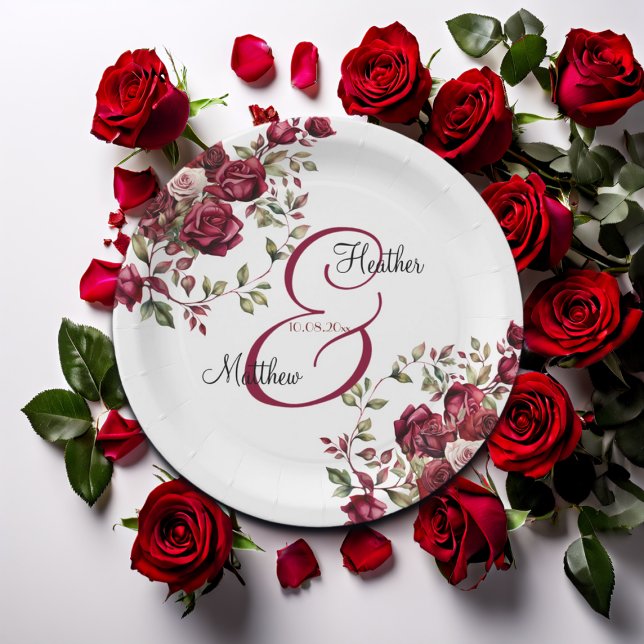 Plato De Papel Borgoña Floral Moderno Boda de escritura (Subido por el creador)