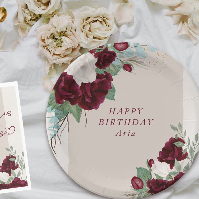 Plato De Papel Borgoña floral y Rosas de marfil personalizados (Birthday party plates from my Royal Roses collection
)