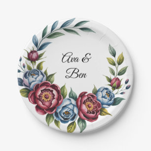 Plato De Papel Borgoña Peony y Rosa azul Boda
