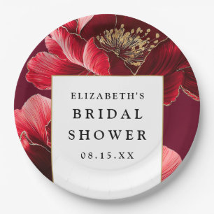 Plato De Papel Borgoña Red Floral Elegante Ducha Bridal Moderno