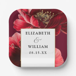 Plato De Papel Borgoña Red Gold Floral Elegante Boda moderno