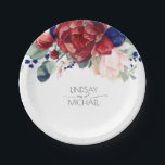 Plato De Papel Borgoña Rojo y Marina Azul Floral Elegante Boda<br><div class="desc">Flores rojas,  ruidosas y azul marino de Borgoña placas de papel color agua</div>