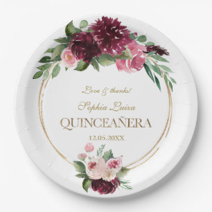 Plato De Papel Borgoña Rubor Floral Gold Mis Quince Quinceañera