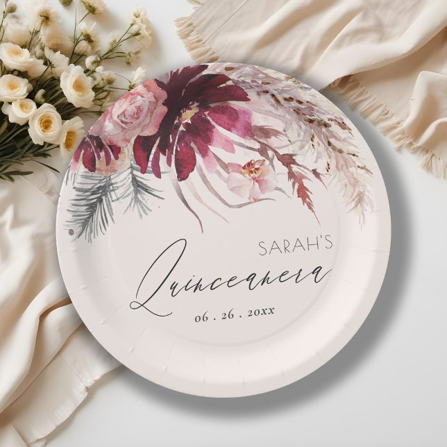 Plato De Papel Borgoña Rubor Floral Pampas Grass Quinceanera (Subido por el creador)