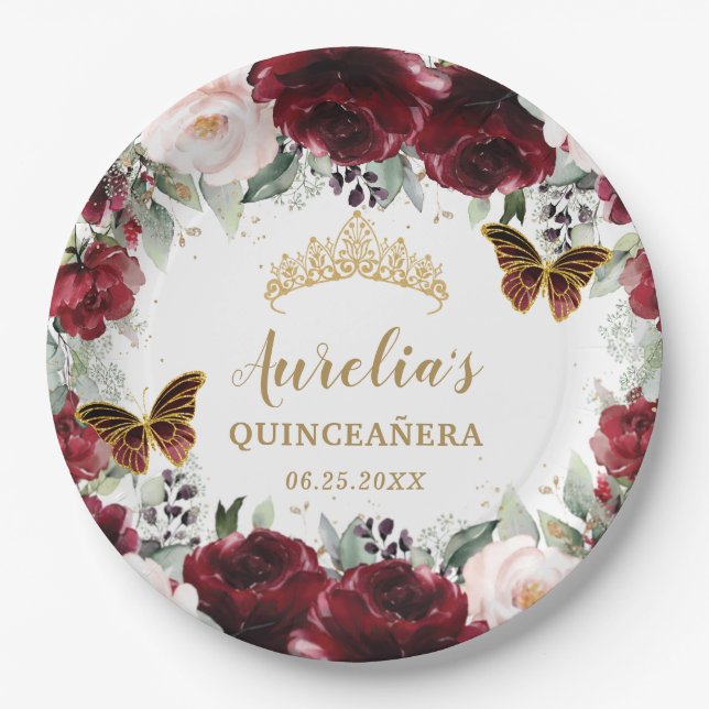Plato De Papel Borgoña Rubor Floral Quinceañera Tiara Princess (Anverso)