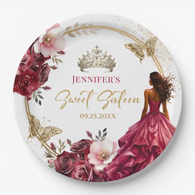 Plato De Papel Borgoña Rubor Gold Princess Floral Sweet 16 (Anverso)