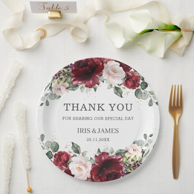 Plato De Papel Borgoña Rubor Pink Floral Wedding Shower Cumpleaño (Boda)